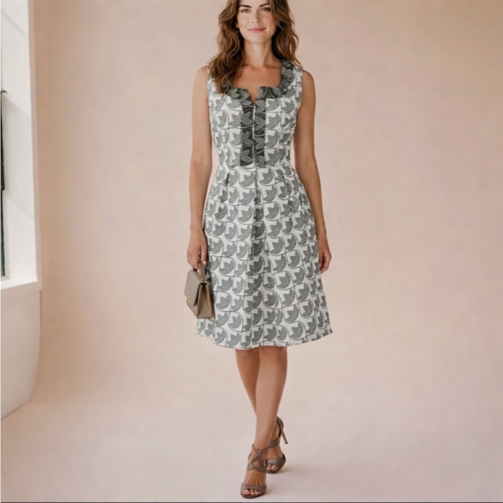 Trina Turk Lucinda Gray White Sleeveless Fit Flare Midi Dress Geometric Sz 6 NWT